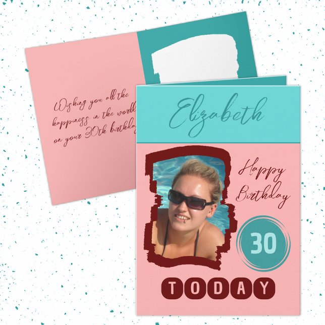 Cartão Feliz aniversário 30 hoje adicione foto burgundy m (Criador carregado)