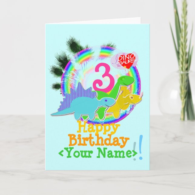 Cartão Feliz Aniversário, 3 Anos, Seu Nome Dino Card (Frente)