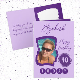Cartão Feliz aniversário 40 hoje adicione foto roxo