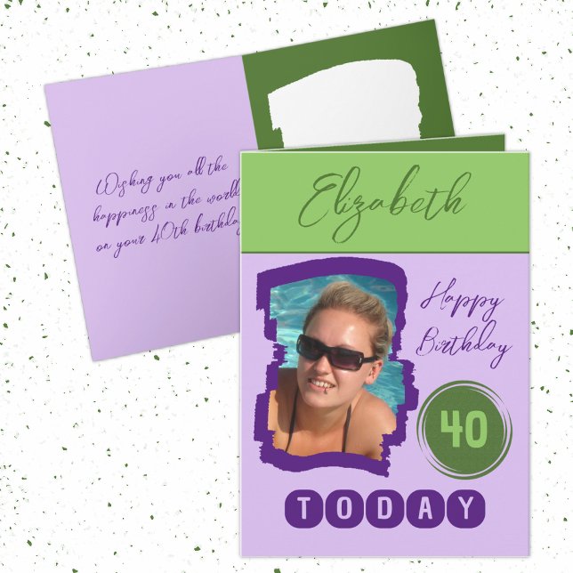 Cartão Feliz aniversário 40 hoje adicione foto verde roxo (Criador carregado)