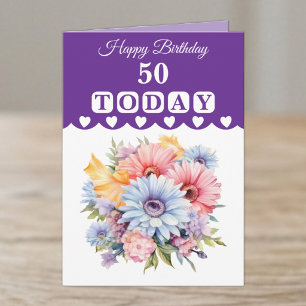 Cartão Feliz Aniversário 50 hoje flores roxas