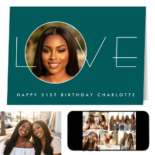 Cartão Feliz Aniversário 7 Foto Amor Elegante Verde Turqu