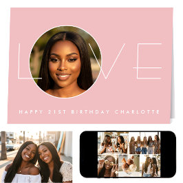 Cartão Feliz Aniversário 7 Foto Amor Rosa Bege Elegante