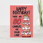 Cartão Feliz aniversario - 80 anos velho<br><div class="desc">Um cartão de aniversário específico à idade do divertimento que caracteriza um bolo grande de b-dia em um fundo da xadrez para enviar a às sua amigos,  família e amadas!</div>