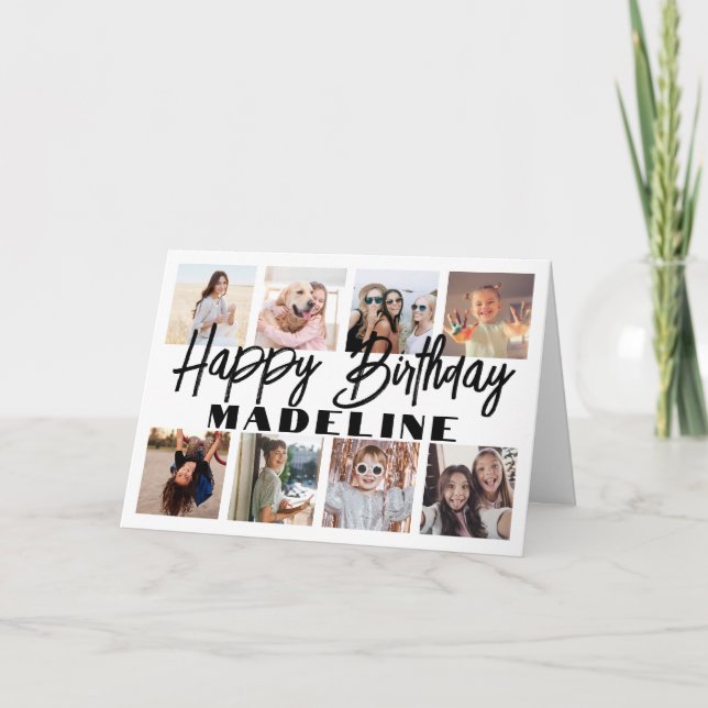 Cartão Feliz Aniversário 8 Colagem de Fotos Elegante Mini (Frente)