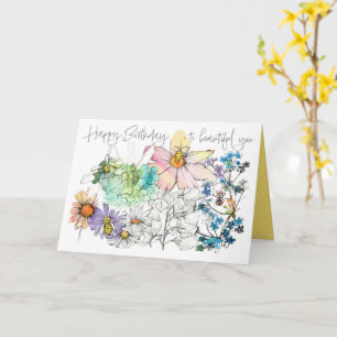 Cartão Feliz Aniversário Abelhas Flores Aquarela