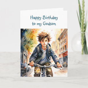 Cartão Feliz Aniversário Afilhado   Menino de Bicicleta n
