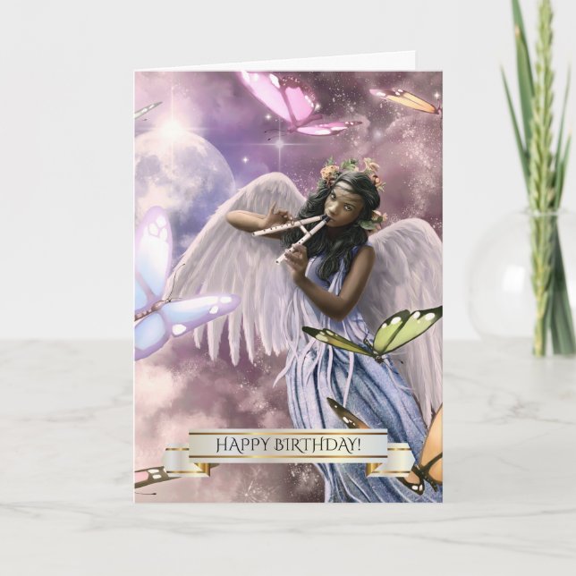 Cartão Feliz aniversário. Anjo com Borboletas (Frente)