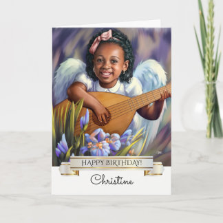 Cartão Feliz aniversário. Anjo Pequeno com Lute