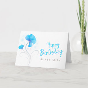 Cartão Feliz aniversário, aquarela azul, papoila, flores