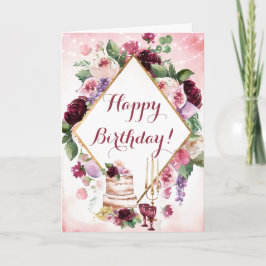 Cartão Feliz Aniversário Aquarela Boho Floral Vinho Doura