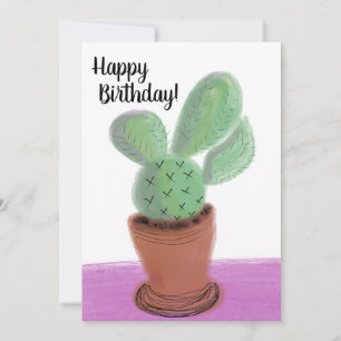 Cartão Feliz Aniversário Aquarela Doodle Cacto em um Vaso