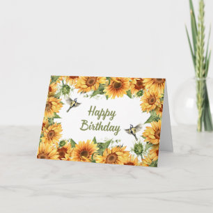 Cartão Feliz Aniversário Aquarela Girassóis e Pássaros