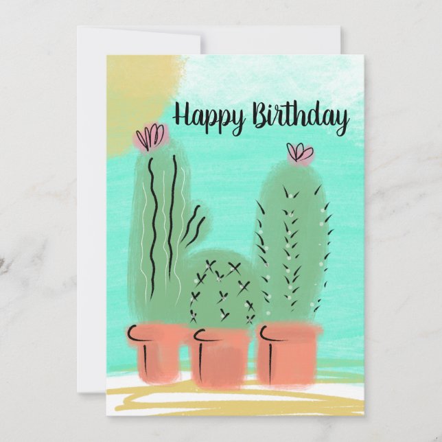 Cartão Feliz Aniversário Aquarela Sunny Day Cactus Pote (Frente)