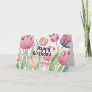Cartão Feliz Aniversário Aquarela Tulipas Abstrato Floral