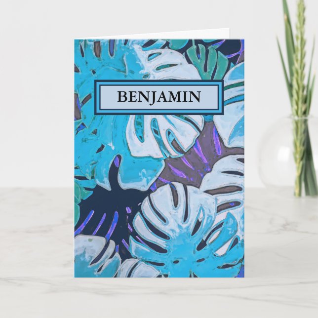 Cartão Feliz Aniversário Azul Aquarela Personalizado Botâ (Frente)