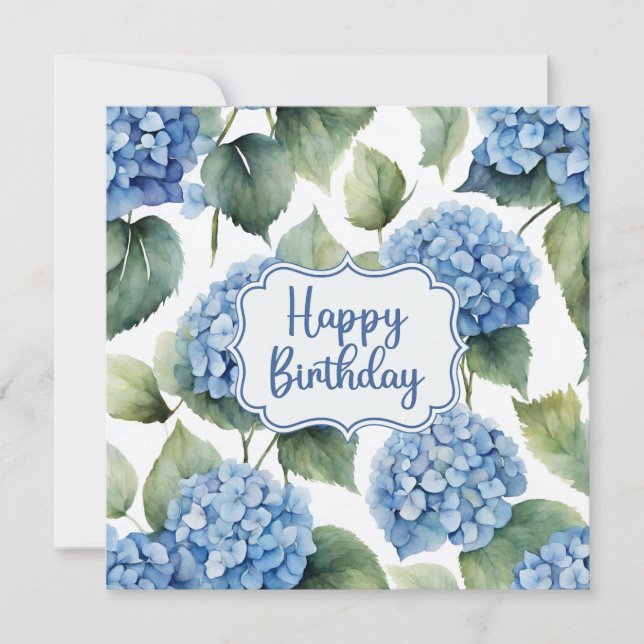 Cartão Feliz Aniversário Azul Hydrangea Flores Aquarela (Frente)