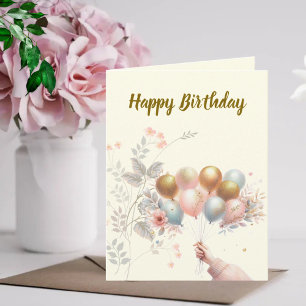Cartão Feliz Aniversário - Balões Dourados de Pastel