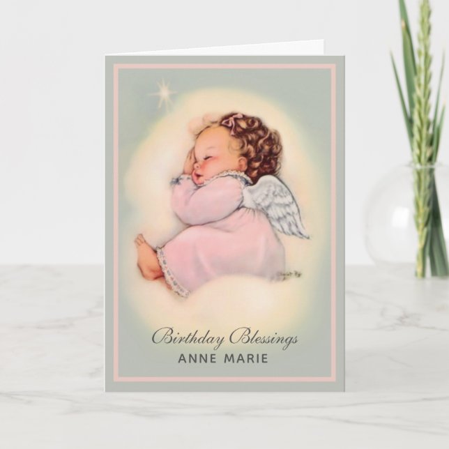 Cartão Feliz Aniversário Bebê Menina Anjo Religioso (Frente)