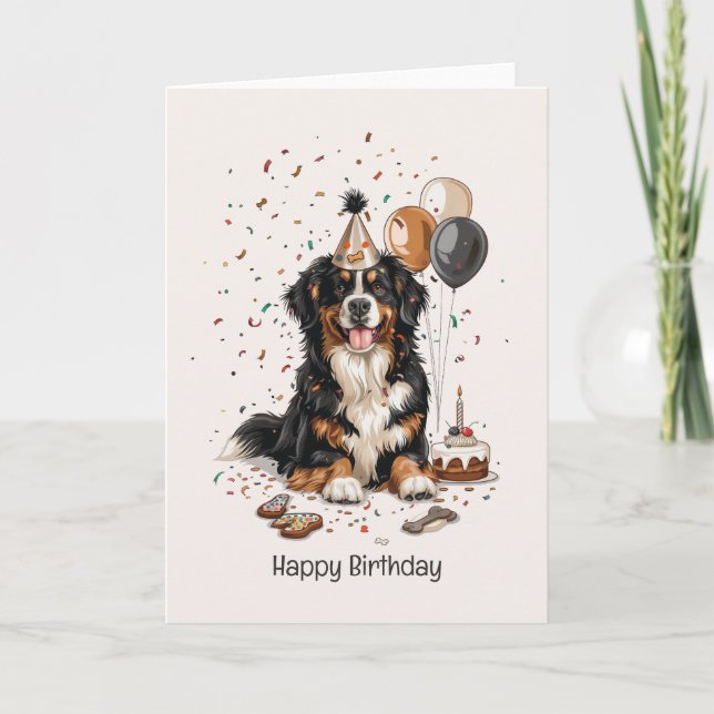 Cartão Feliz Aniversário Bernese Mountain Dog (Frente)