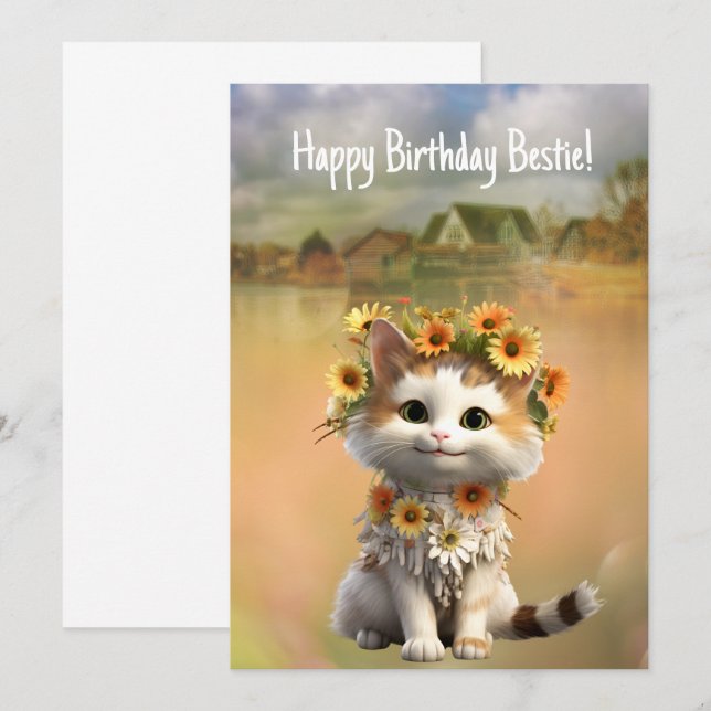 Cartão Feliz Aniversário Bestie Cute Bogo Cat (Frente/Verso)