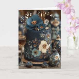 Cartão Feliz Aniversário Bolo Flores Brancas Azuis Lindas