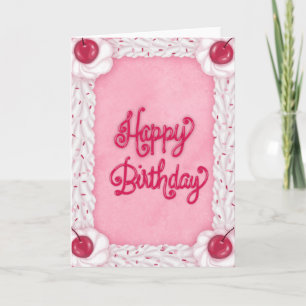 Cartão Feliz Aniversário, Bolo Rosa, Bolo, Cherry Vintage