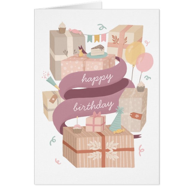 Cartão Feliz aniversário. Bolos e presentes de festas bon (Frente)