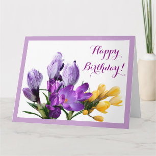 Cartão Feliz aniversário, bonito croco amarelo roxo flora