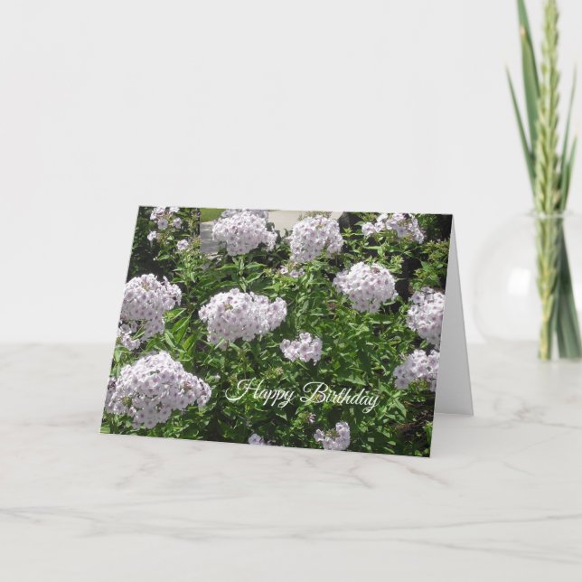 Cartão Feliz aniversário Bonito Flores Brancas e Roxas (Frente)