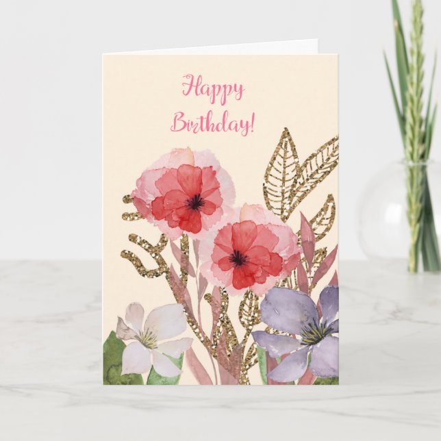 Cartão Feliz Aniversário, Bonito Flores de Aquarela Rosa- (Frente)