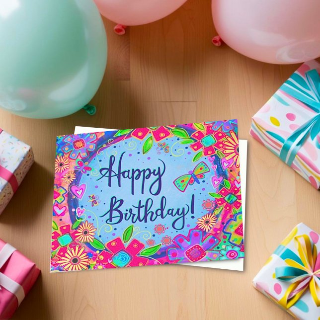 Cartão Feliz Aniversário Borboleta Floral Girly (Criador carregado)