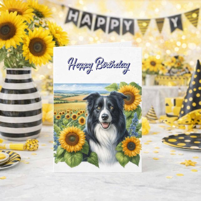Cartão Feliz Aniversário Border Collie  (A cheerful Border Collie brings sunflower sunshine to your special birthday celebration. Dog Love!)