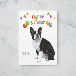 Cartão Feliz Aniversário, Boston Terrier Balões e Banner