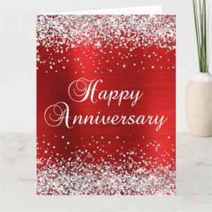 Cartão Feliz Aniversário Brilho Prata Vermelho
