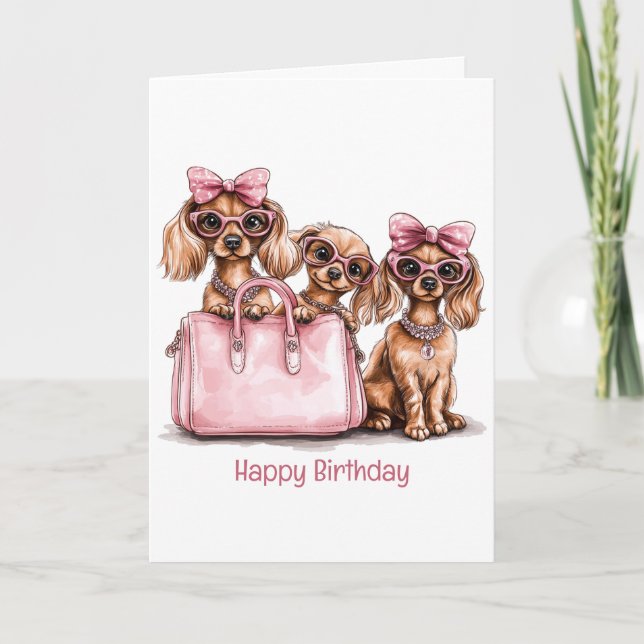 Cartão Feliz Aniversário - Cães de Dachshund Fashionable (Frente)