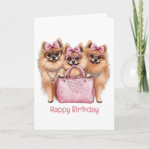 Cartão Feliz Aniversário - Cães Pomeranianos Fashionáveis