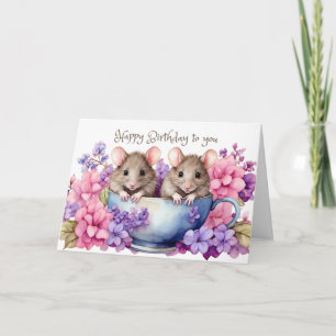 Cartão Feliz Aniversário Camundongos Aquarelas em um Teac