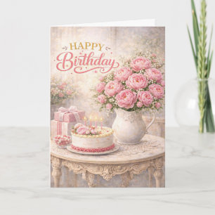 Cartão Feliz Aniversário Casa de Campo Peônia Rosa Nature