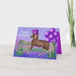 Cartão Feliz Aniversário Cavalo Com Chapéu Roxo e Balões