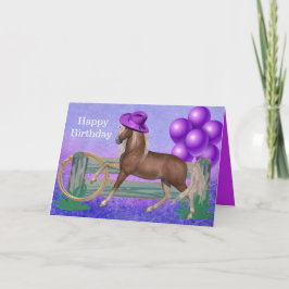 Cartão Feliz Aniversário Cavalo Com Chapéu Roxo e Balões