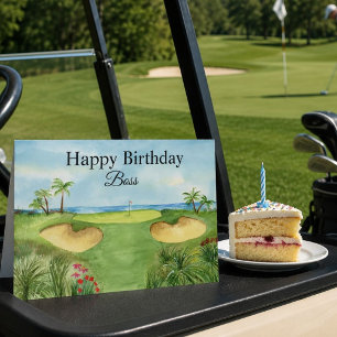 Cartão Feliz Aniversário Chefe Campo de Golfe Tropical