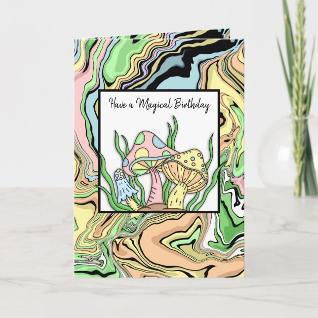 Cartão Feliz Aniversário Cogumelos Retro e página para co (Frente)