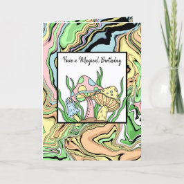 Cartão Feliz Aniversário Cogumelos Retro e página para co