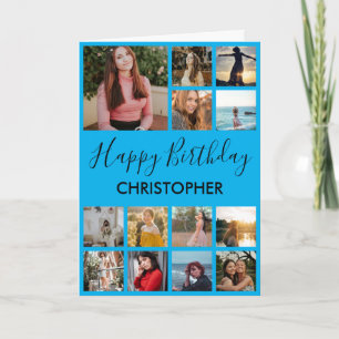 Cartão Feliz Aniversário Colagem de Fotos 13 Fotos Azul