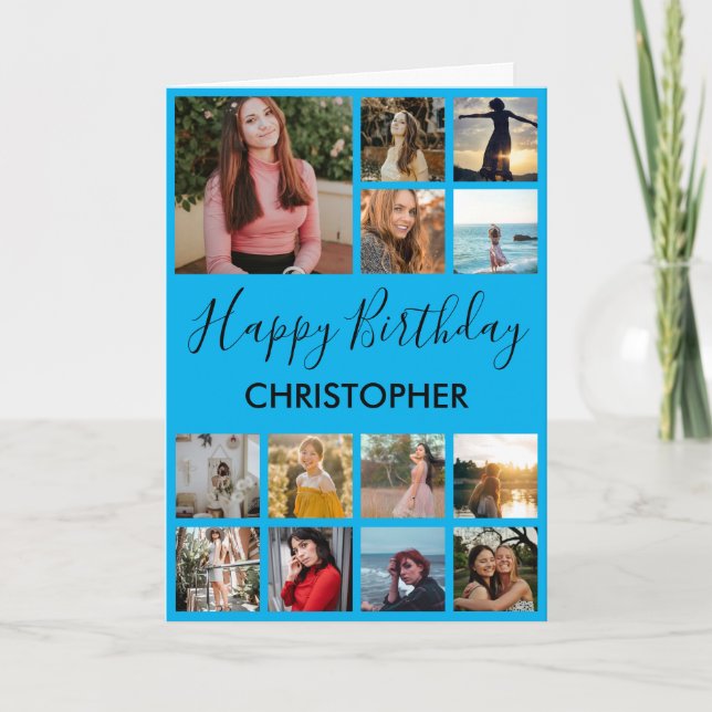 Cartão Feliz Aniversário Colagem de Fotos 13 Fotos Azul (Frente)