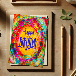 Cartão Feliz Aniversário Colorido Bonito Floral Divertido