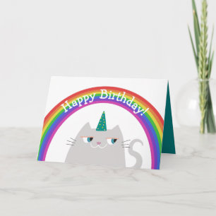 Cartão Feliz Aniversário Colorido de Gato e Arco-íris