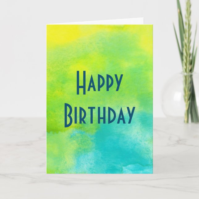 Cartão Feliz Aniversário com Aquarelas Amarelas e Azuis (Frente)