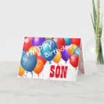 Cartão Feliz aniversário com Balões SON A01<br><div class="desc">Feliz aniversário com os Colorful Balloons SON A01. Este design festivo com seus balões coloridos que você pode personalizar com um ano de aniversário, nome, e sentimento faz um cartão de saudação de aniversário para um FILHO muito especial. O texto é personalizável. Você pode personalizar para qualquer ano de aniversário...</div>